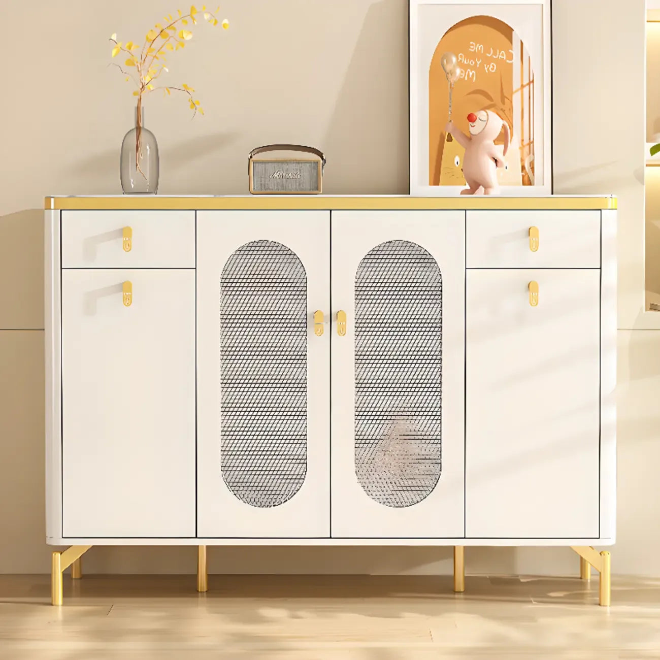 Entryway White Wooden Shoe Cabinet with Glass Doors
