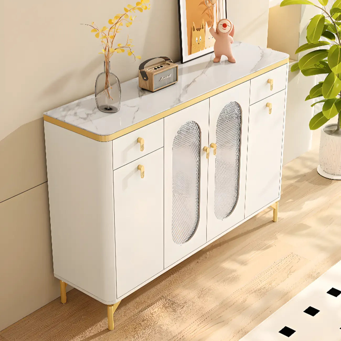 Entryway White Wooden Shoe Cabinet with Glass Doors