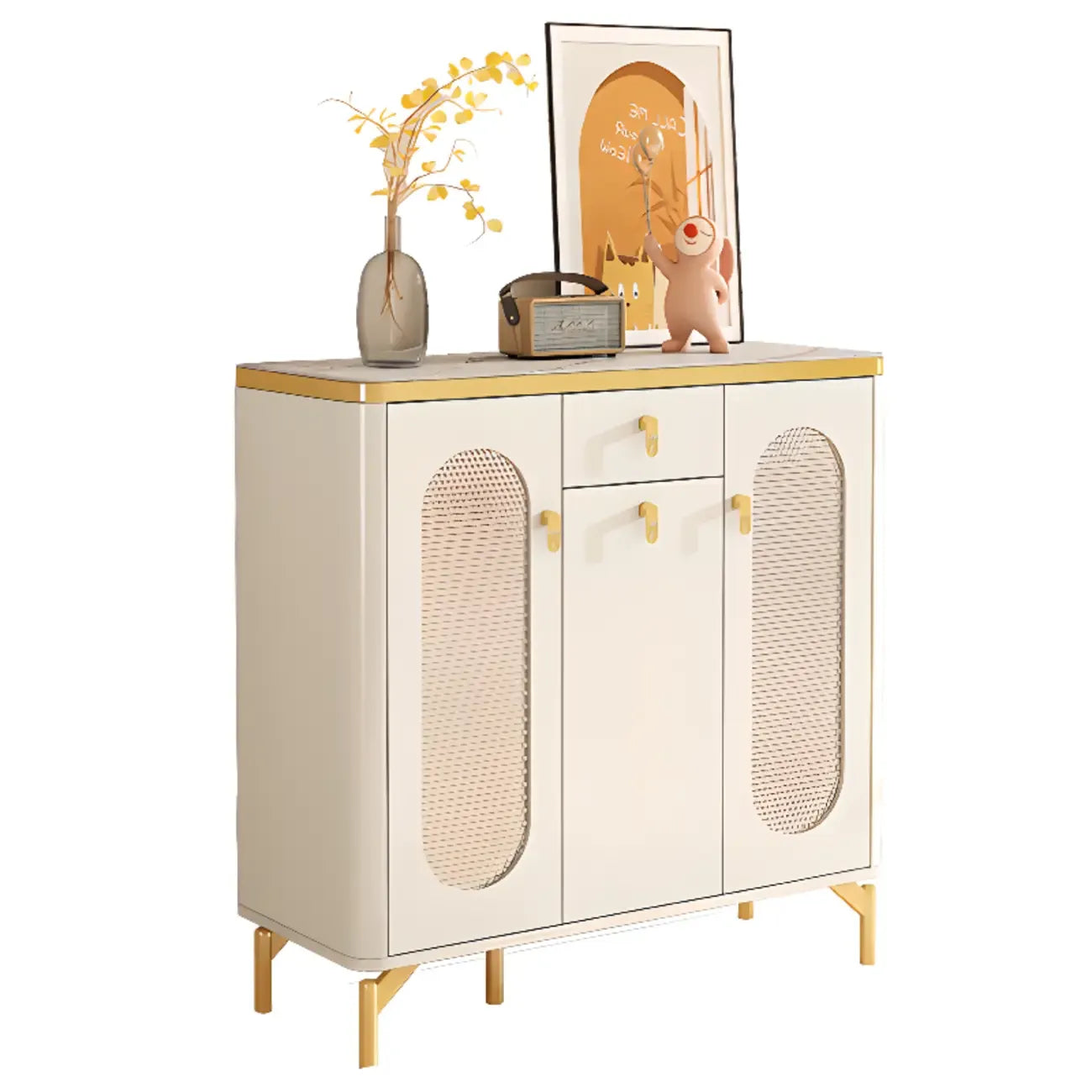 Entryway White Wooden Shoe Cabinet with Glass Doors