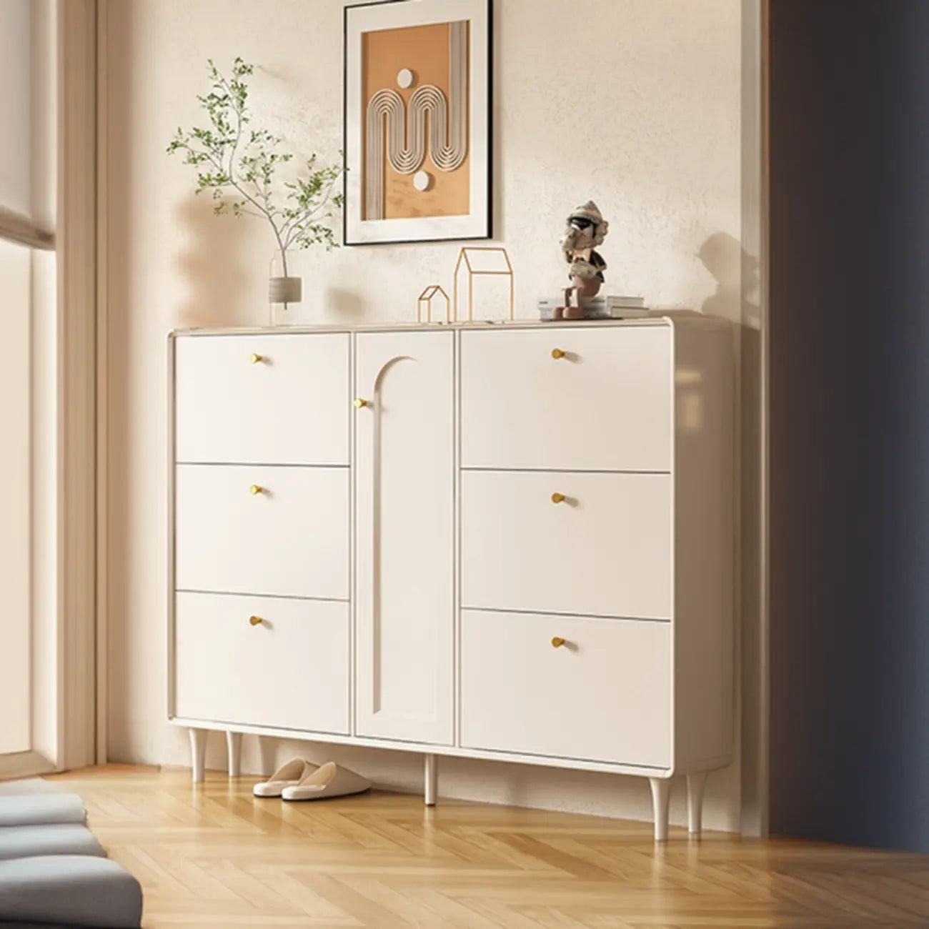 Beige Wood Entryway Shoe Cabinet with Hidden Storage