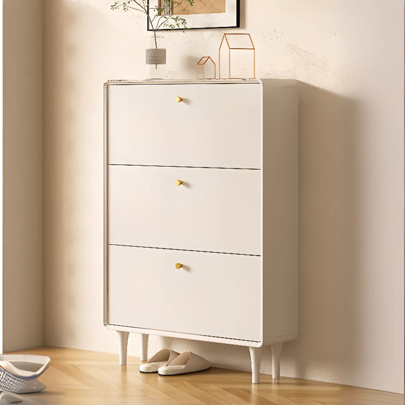 Beige Wood Entryway Shoe Cabinet with Hidden Storage
