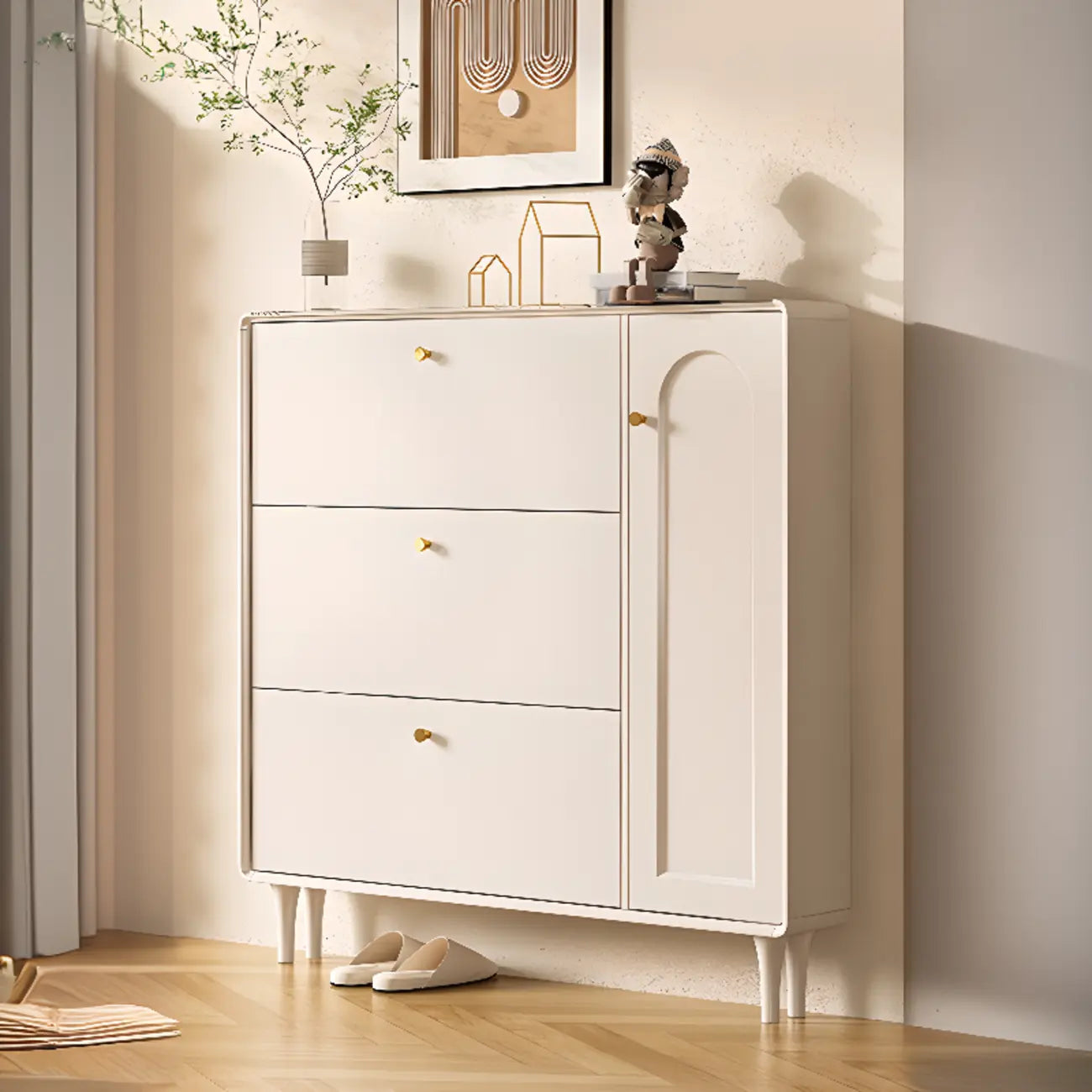 Beige Wood Entryway Shoe Cabinet with Hidden Storage