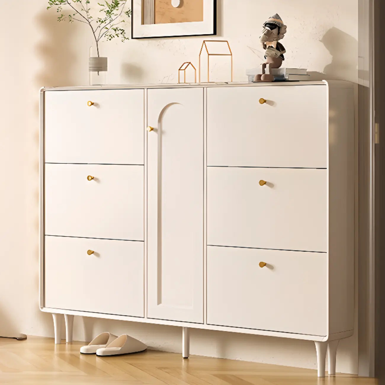 Beige Wood Entryway Shoe Cabinet with Hidden Storage