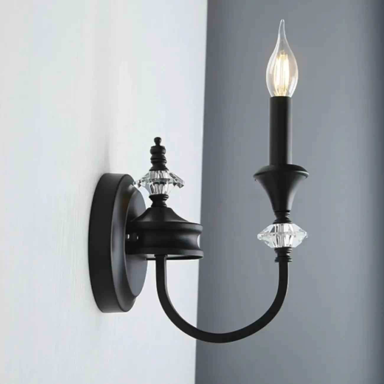 Vintage Cast Iron Candlestick Crystal Wall Sconce