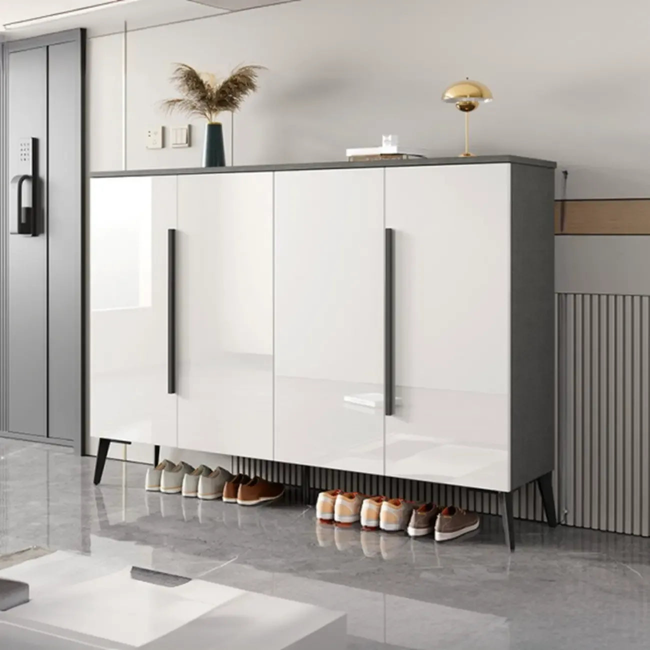 Trendy Gray-White Wooden Shoe Cabinet with Display Top