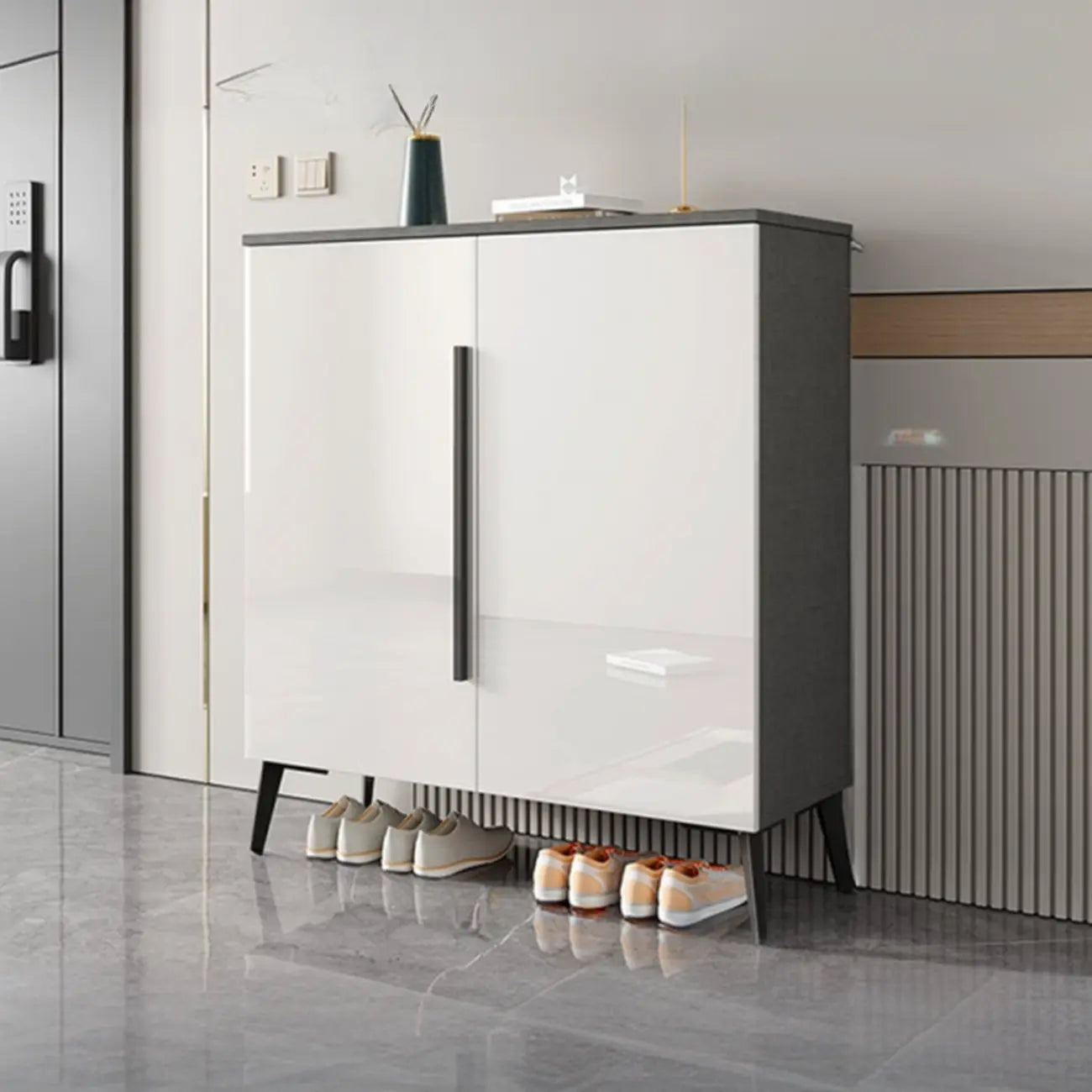 Trendy Gray-White Wooden Shoe Cabinet with Display Top