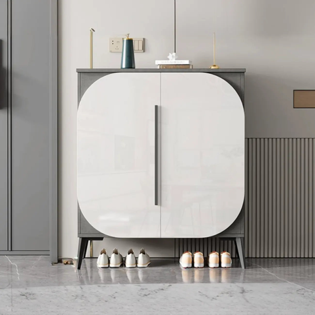 Trendy Gray-White Wooden Shoe Cabinet with Display Top