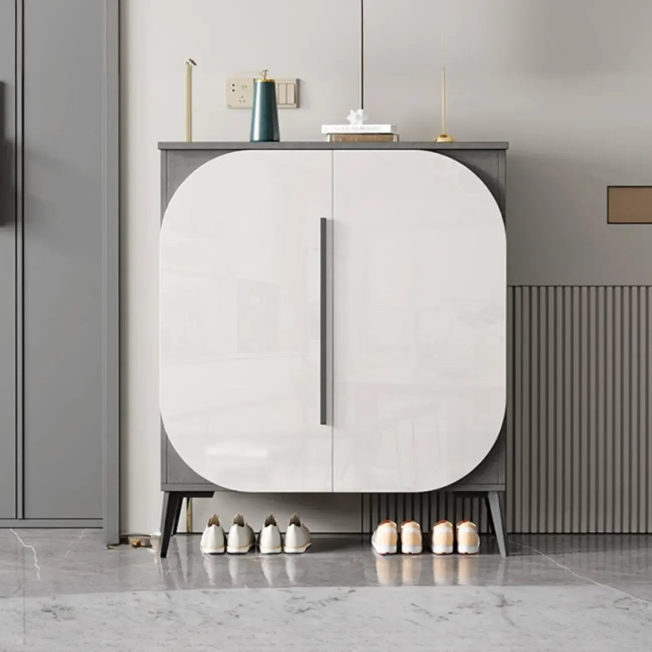 Trendy Gray-White Wooden Shoe Cabinet with Display Top