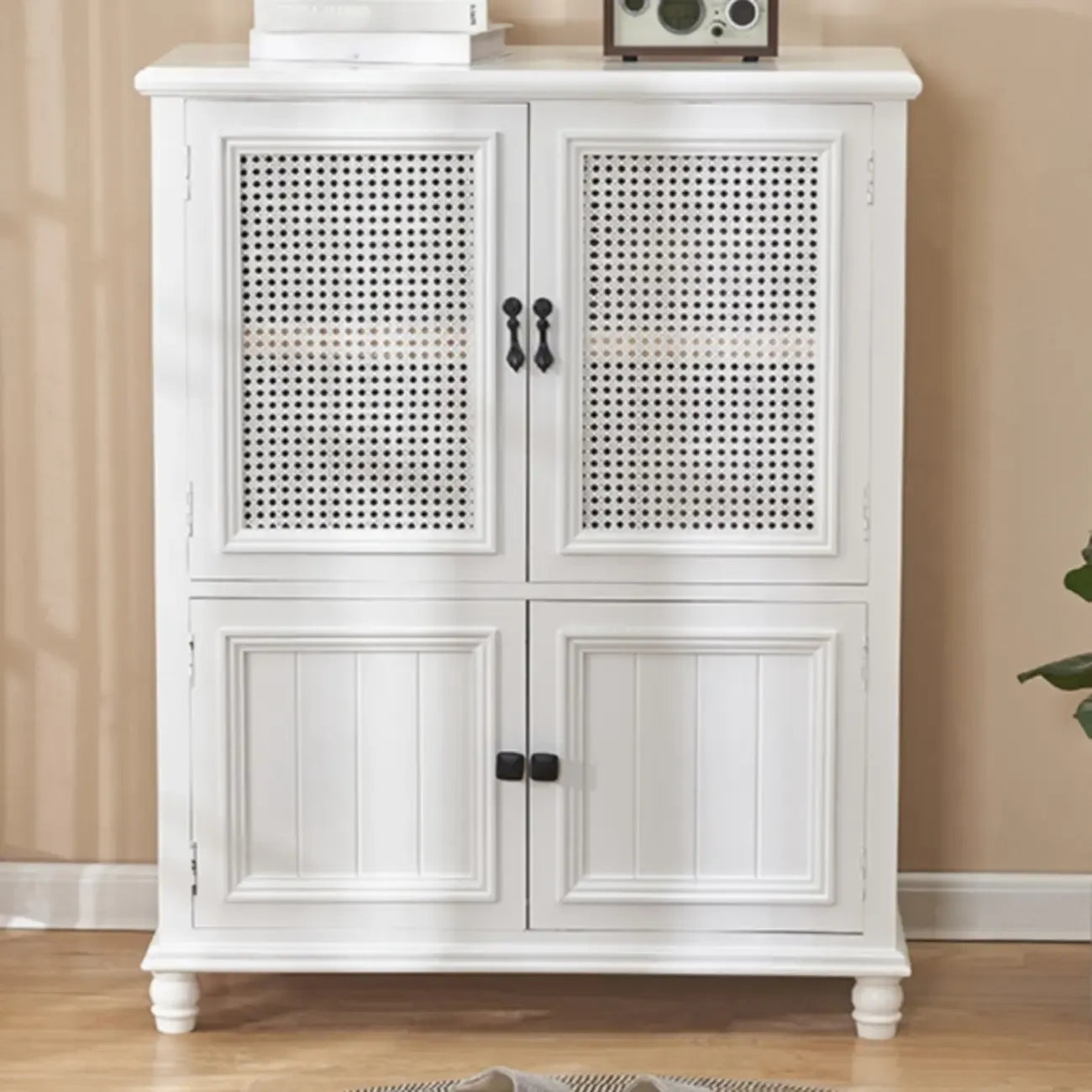 Classic Detached White Solid Wooden Wicker Storage Cabinet