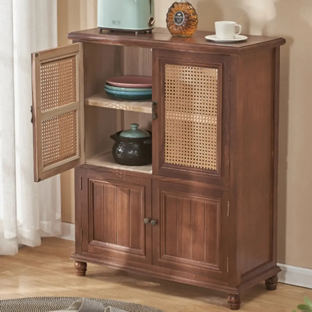 Classic Detached White Solid Wooden Wicker Storage Cabinet