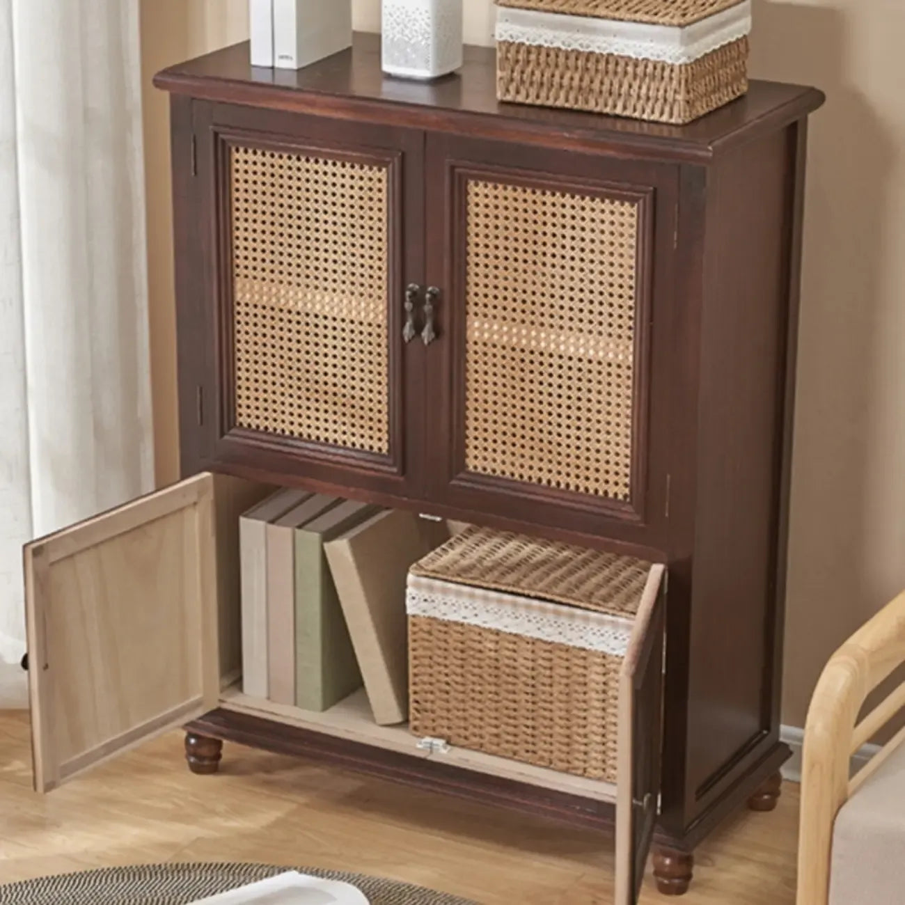Classic Detached White Solid Wooden Wicker Storage Cabinet