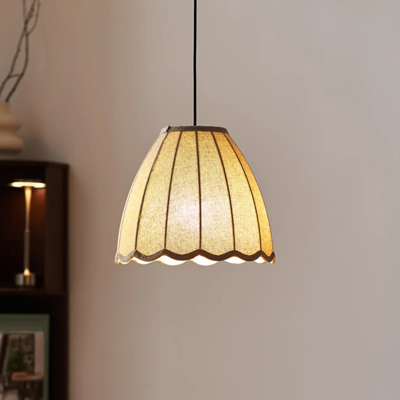 Beige Bell Shaped Fabric Pendant Light Hanging Fixture