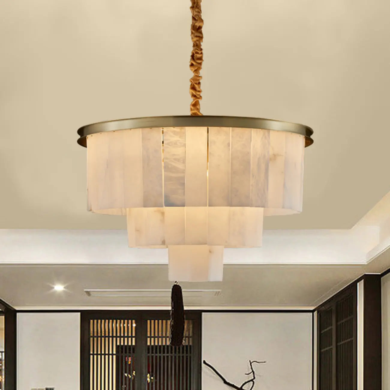 Classic Gold Tiered Circular Alabaster Chandelier