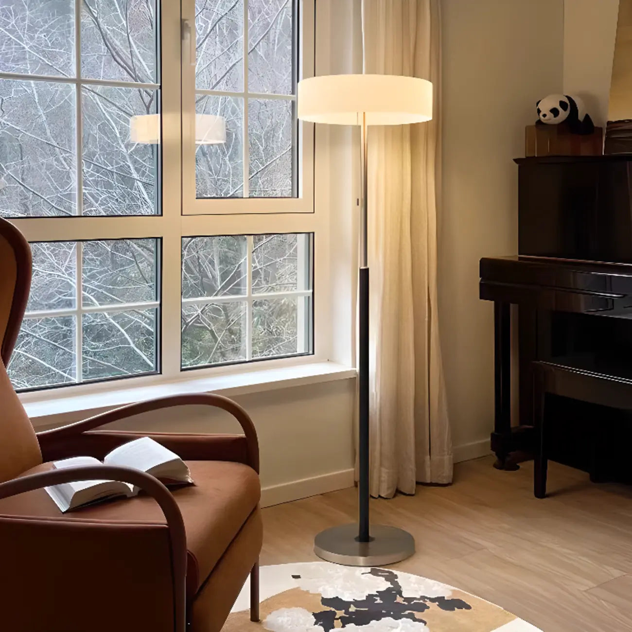 Modern Cylinder Glass Silver Floor Lamp Plug-In for Living Room