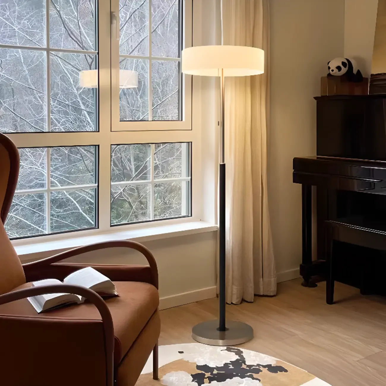 Modern Cylinder Glass Silver Floor Lamp Plug-In for Living Room