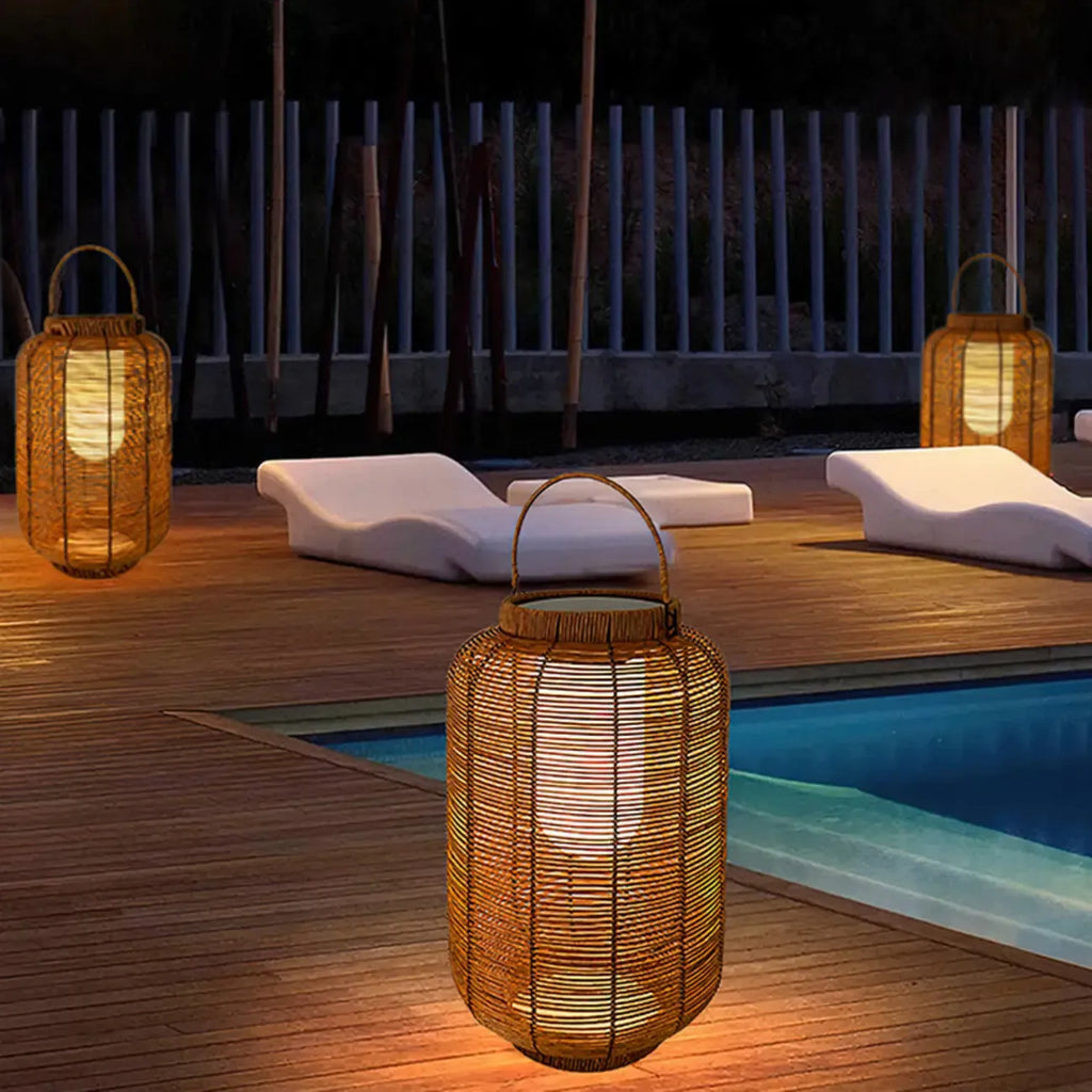 Rustic Rattan Lantern Oval Solar Outdoor Post Lights