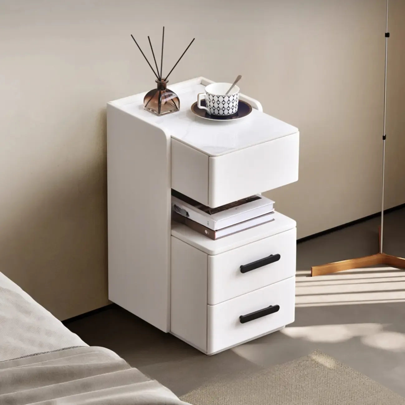 Compact Stone-Top Wooden 4-Tier White Nightstand