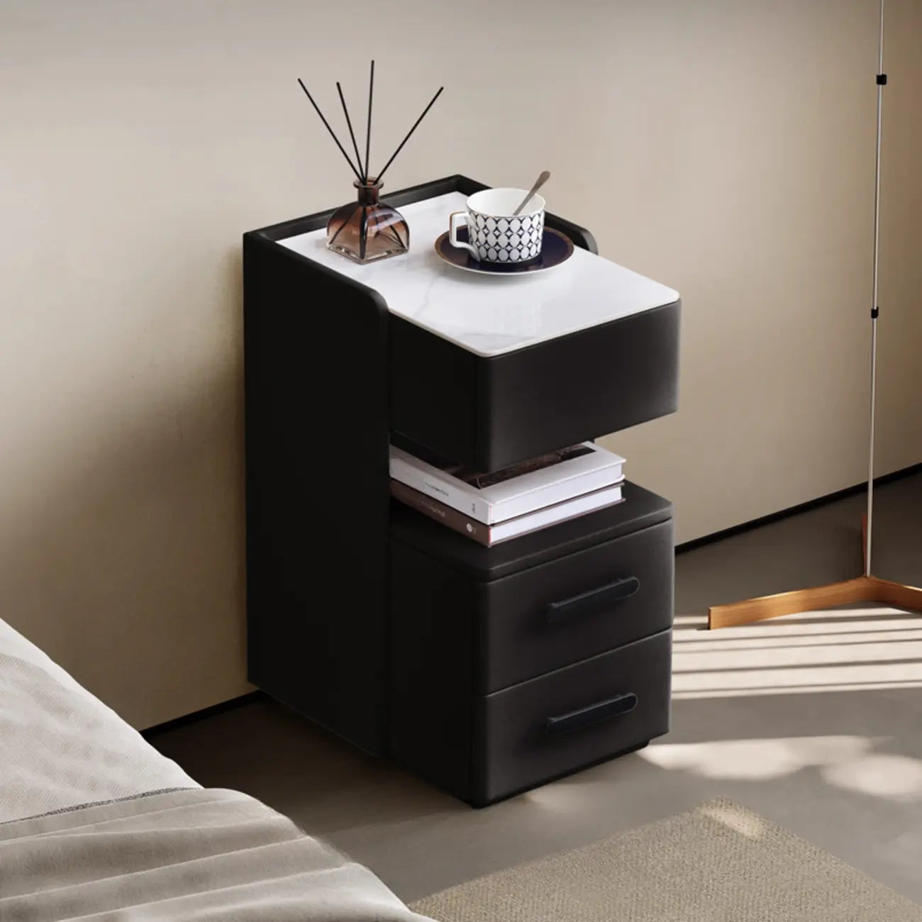 Compact Stone-Top Wooden 4-Tier White Nightstand