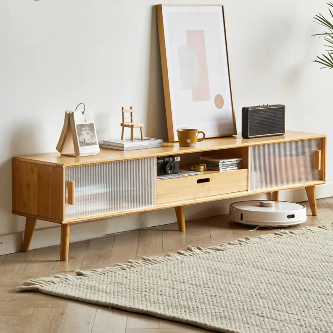 55 Natural Wood Sliding Glass Door TV Stand with Drawers