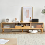 55 Natural Wood Sliding Glass Door TV Stand with Drawers