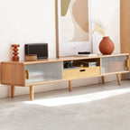 55 Natural Wood Sliding Glass Door TV Stand with Drawers