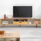 55 Natural Wood Sliding Glass Door TV Stand with Drawers