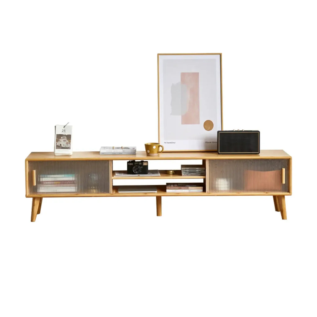 55 Natural Wood Sliding Glass Door TV Stand with Drawers