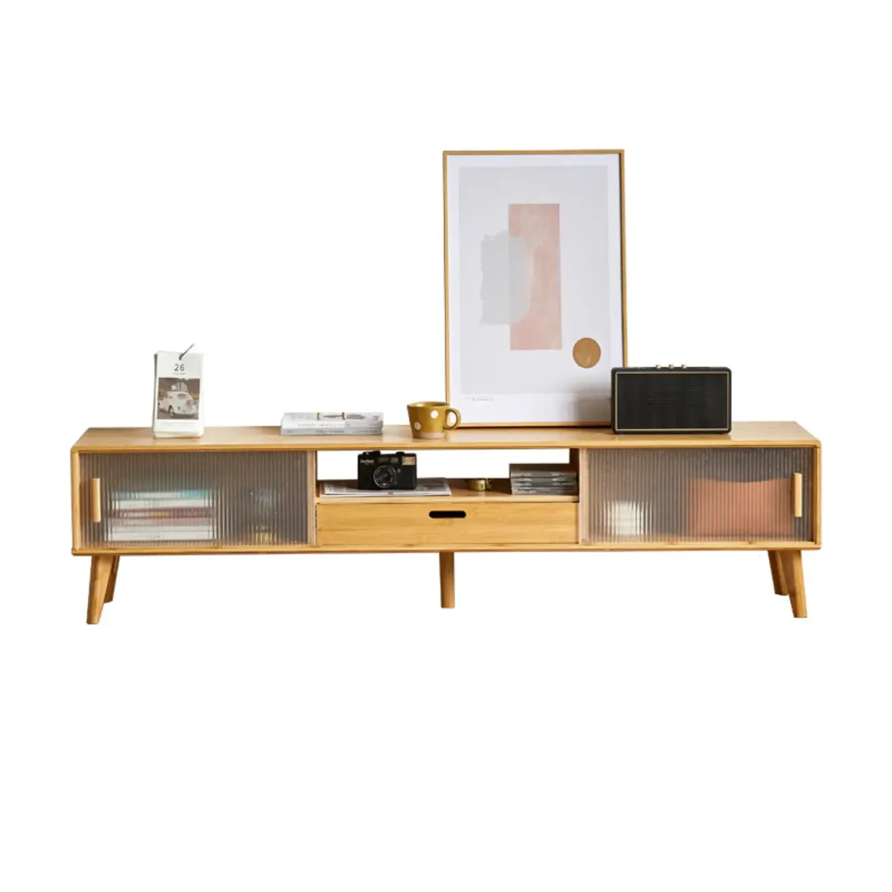 55 Natural Wood Sliding Glass Door TV Stand with Drawers