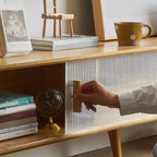 55 Natural Wood Sliding Glass Door TV Stand with Drawers