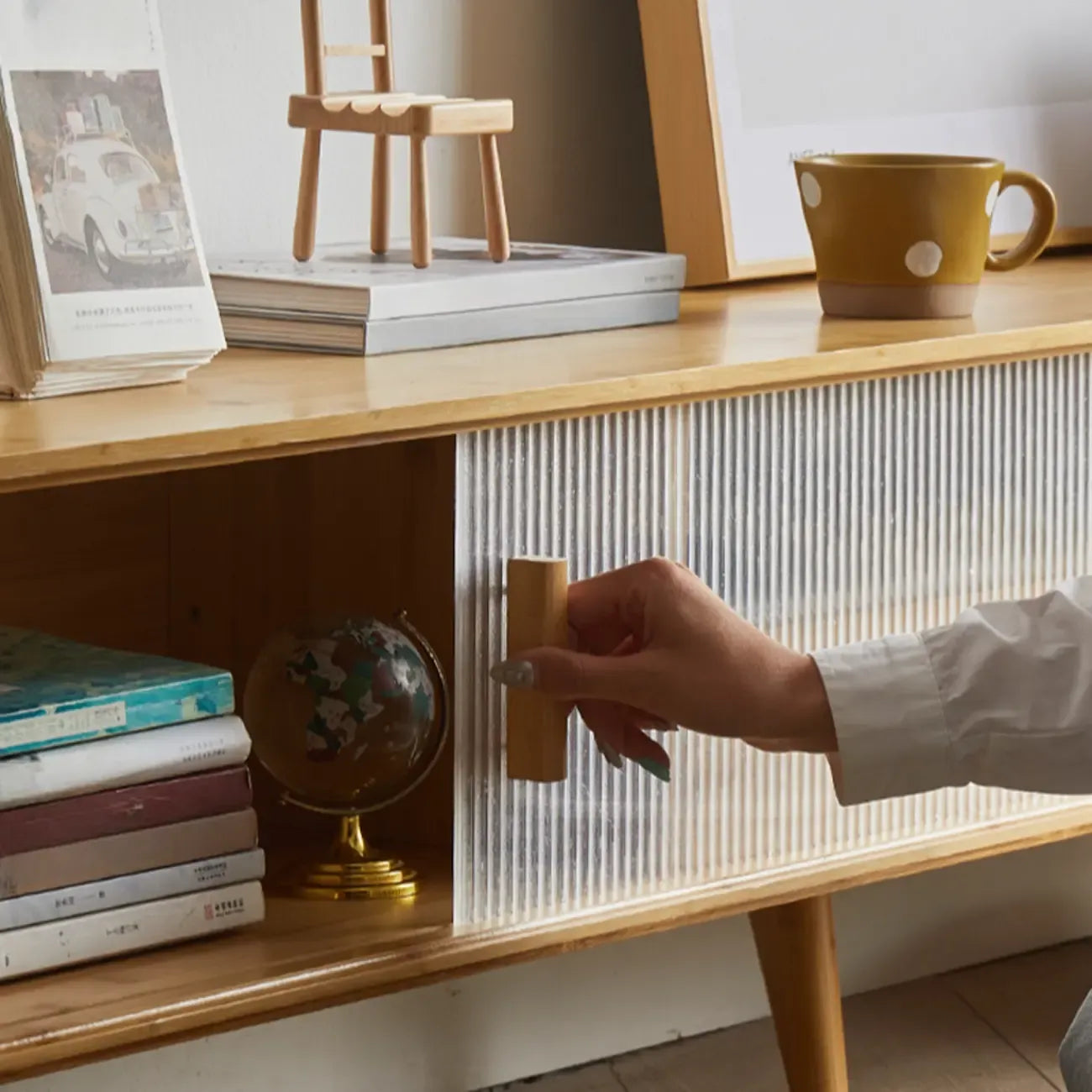 55 Natural Wood Sliding Glass Door TV Stand with Drawers