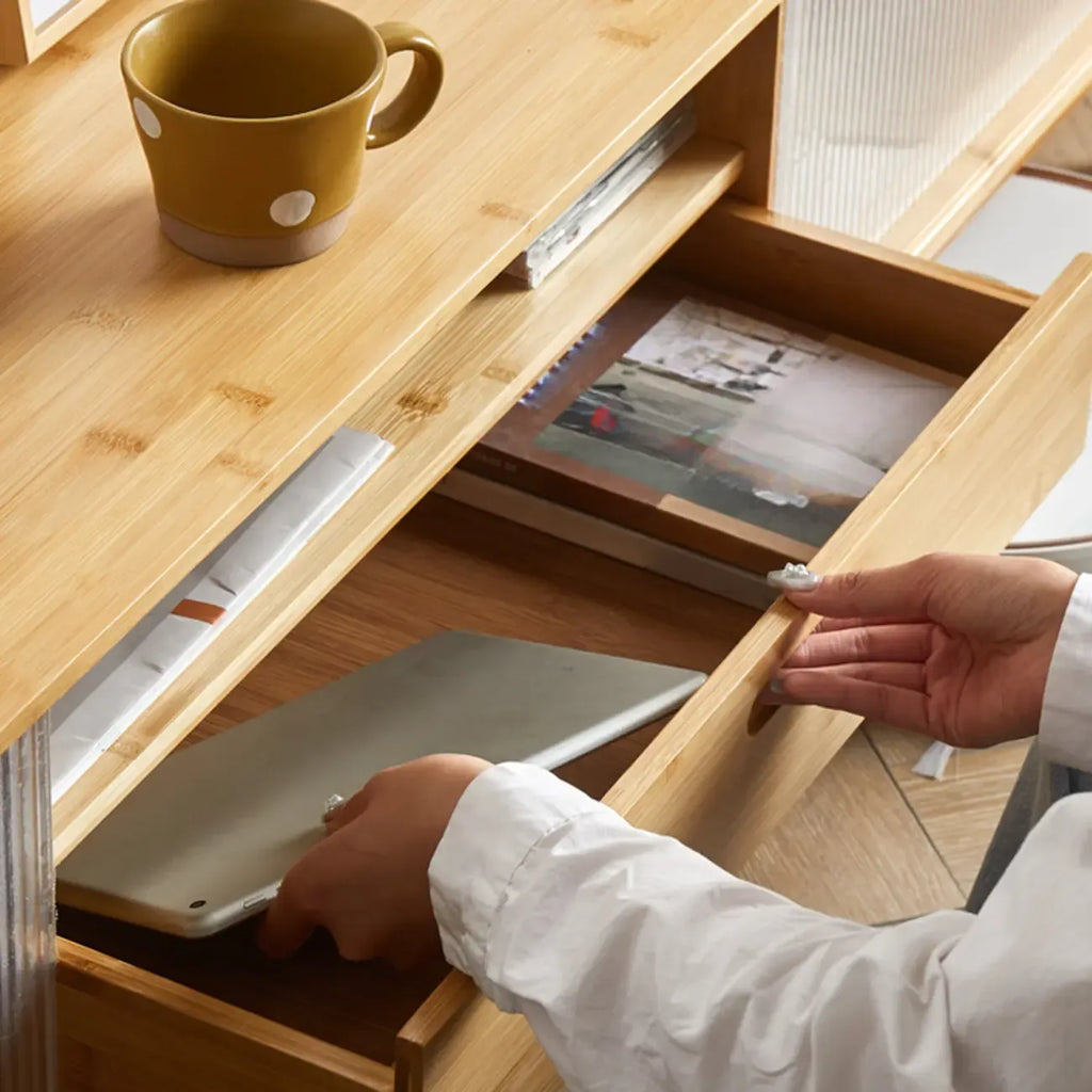 55 Natural Wood Sliding Glass Door TV Stand with Drawers