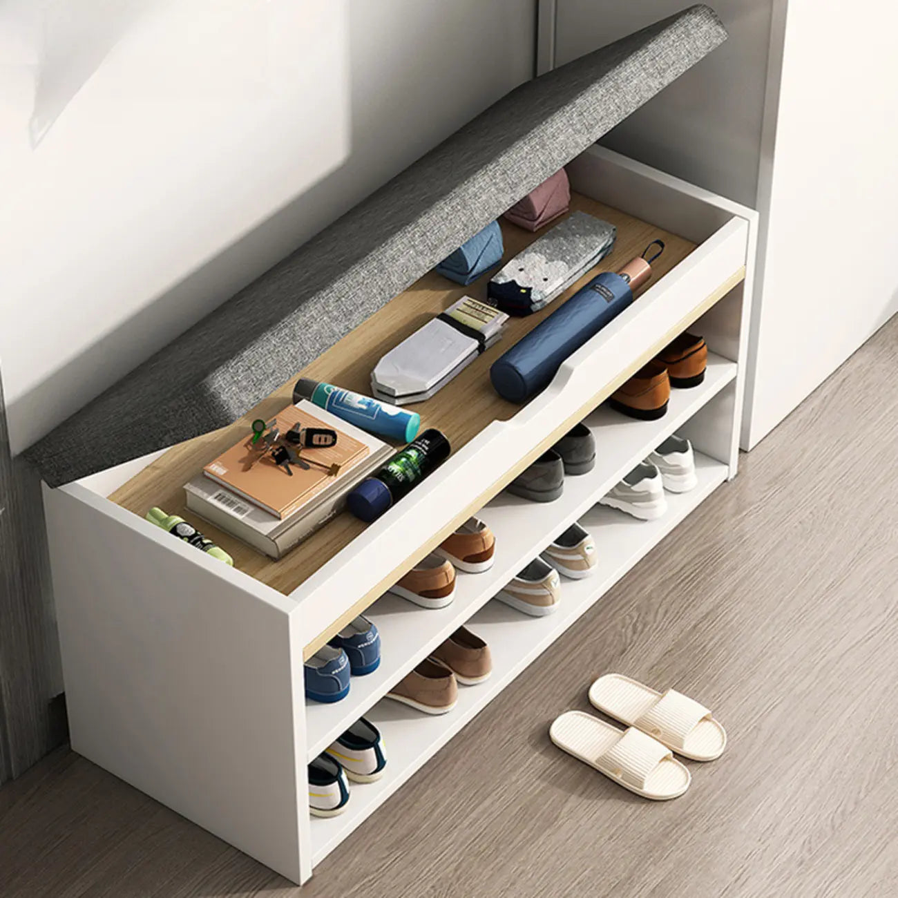 Brown Wood Shoe Storage Bench with Flip-Up Storage