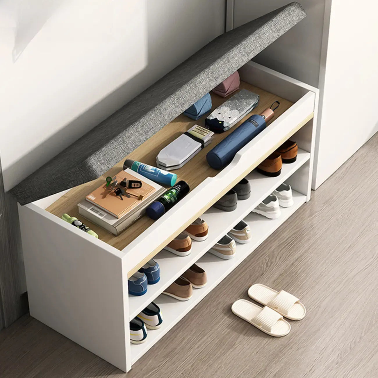 Brown Wood Shoe Storage Bench with Flip-Up Storage