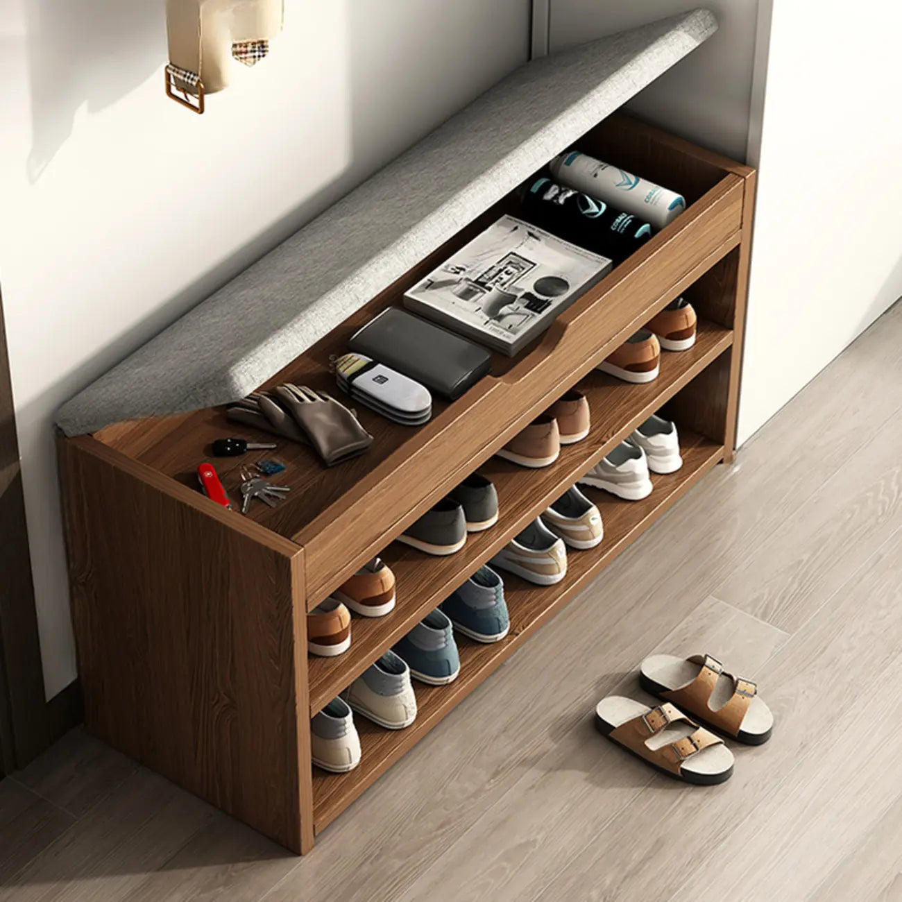 Brown Wood Shoe Storage Bench with Flip-Up Storage