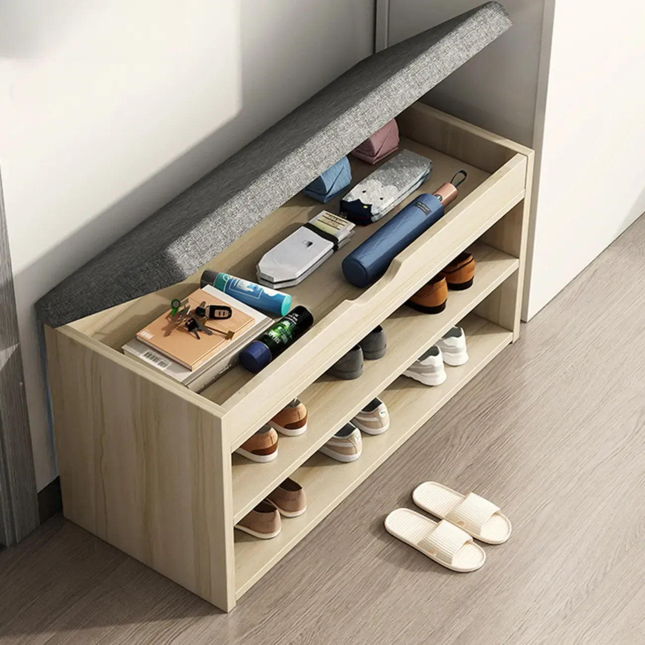 Brown Wood Shoe Storage Bench with Flip-Up Storage