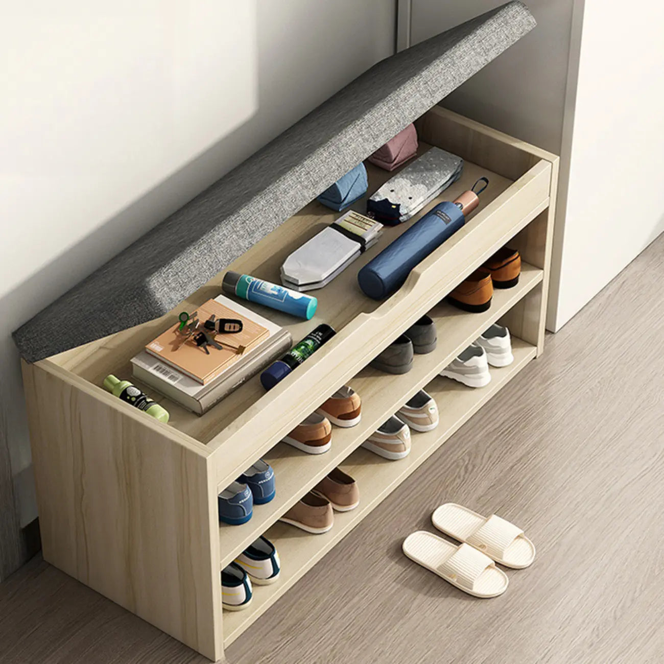 Brown Wood Shoe Storage Bench with Flip-Up Storage