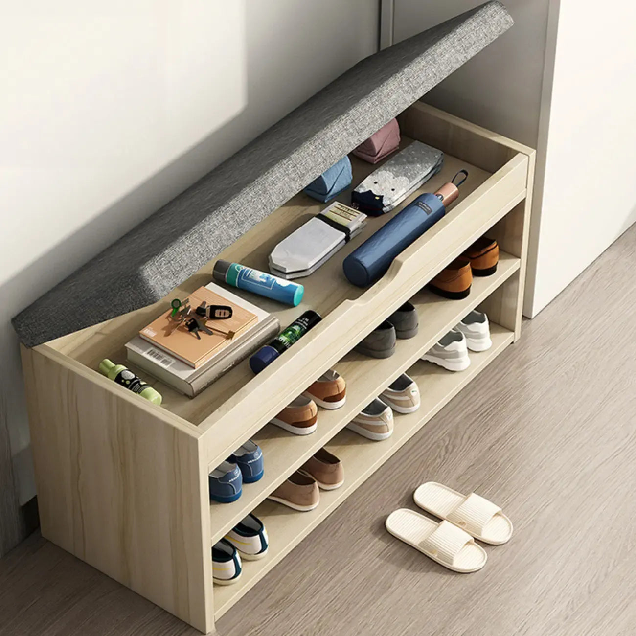 Brown Wood Shoe Storage Bench with Flip-Up Storage
