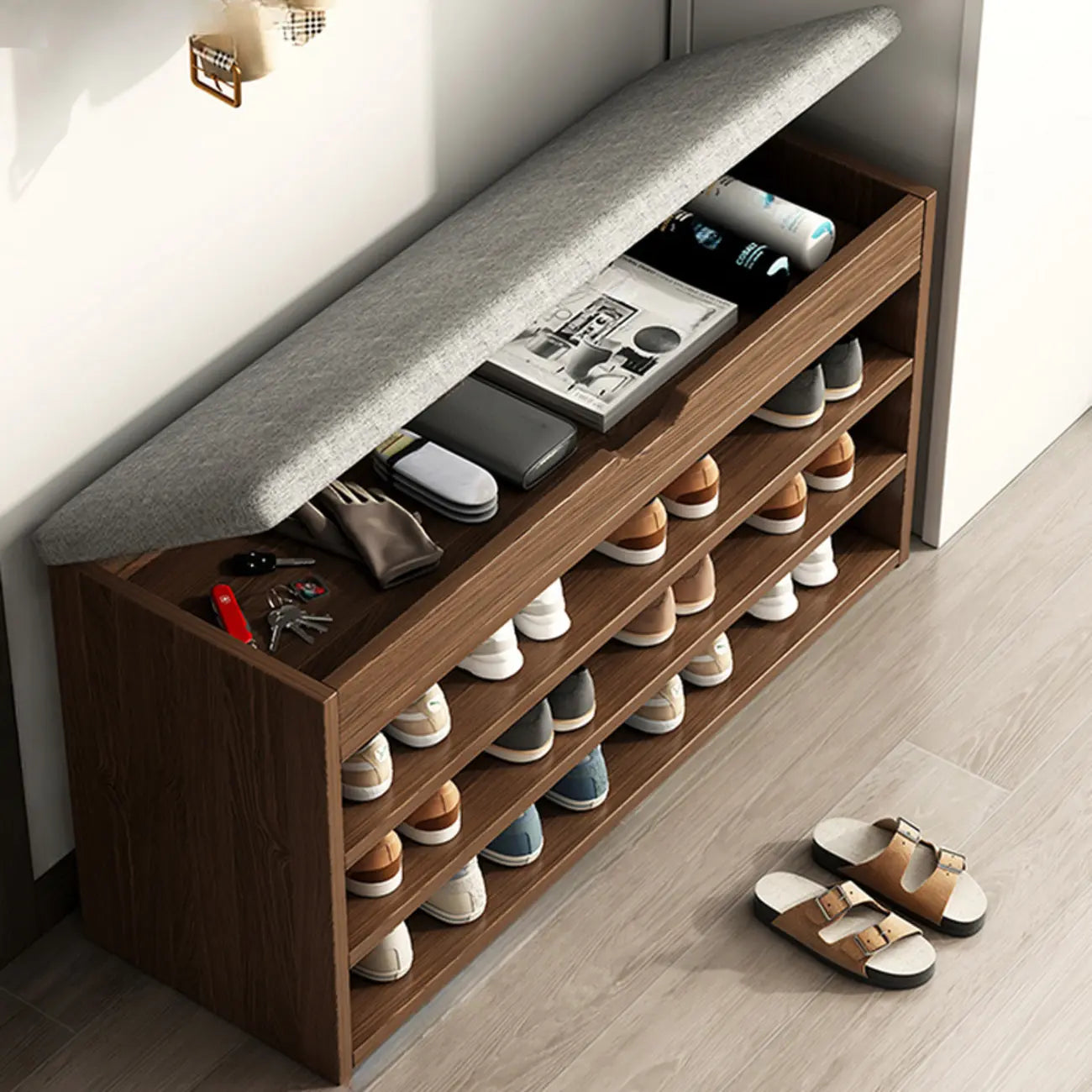 Brown Wood Shoe Storage Bench with Flip-Up Storage