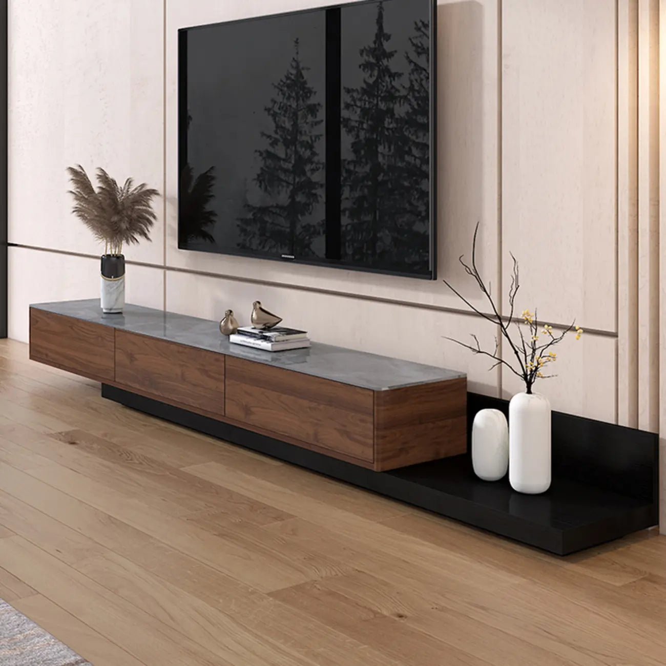71 Walnut-Black Modern Stone TV Console with Drawers