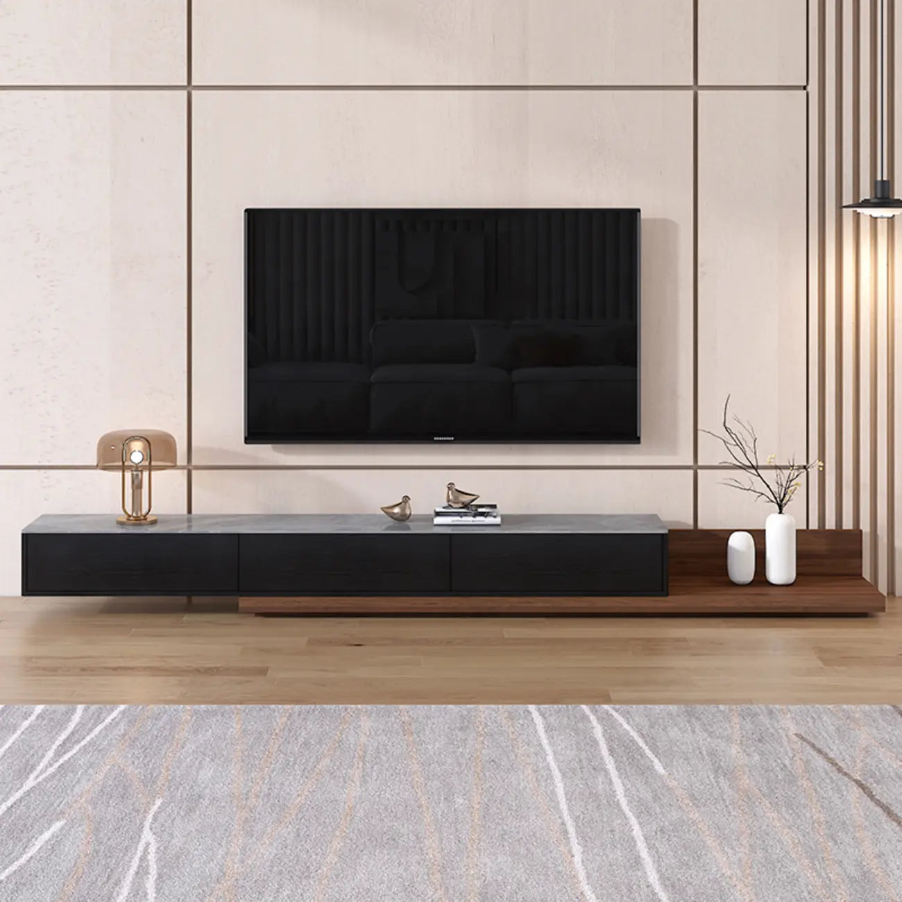 71 Walnut-Black Modern Stone TV Console with Drawers