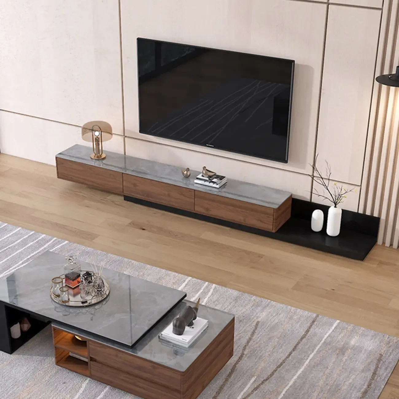 71 Walnut-Black Modern Stone TV Console with Drawers