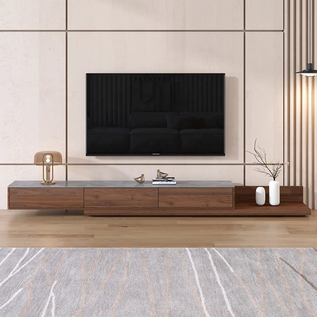 71 Walnut-Black Modern Stone TV Console with Drawers