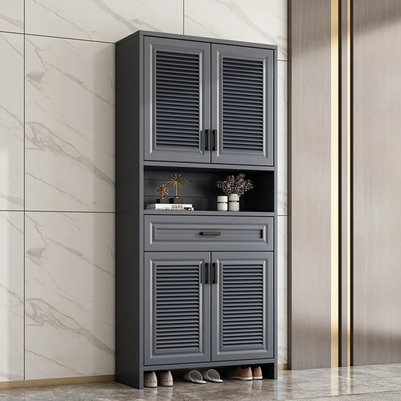 79H Entryway White Metal Shoe Cabinet with Drawers