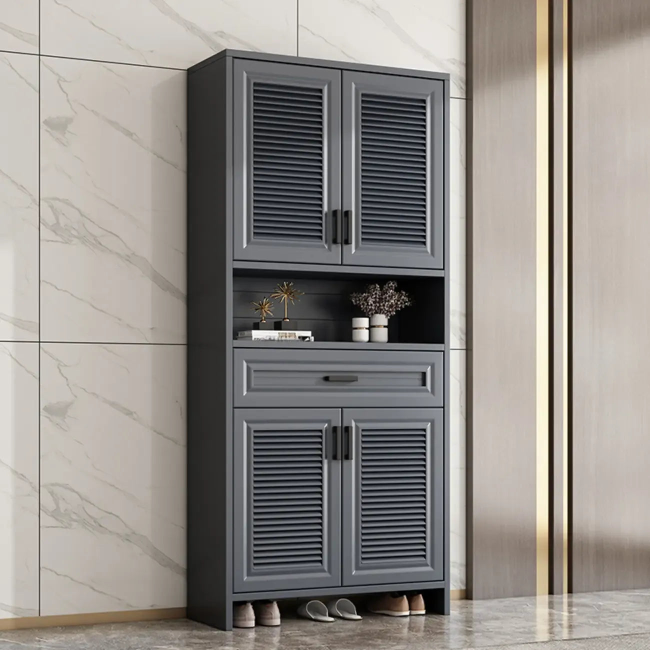 79H Entryway White Metal Shoe Cabinet with Drawers