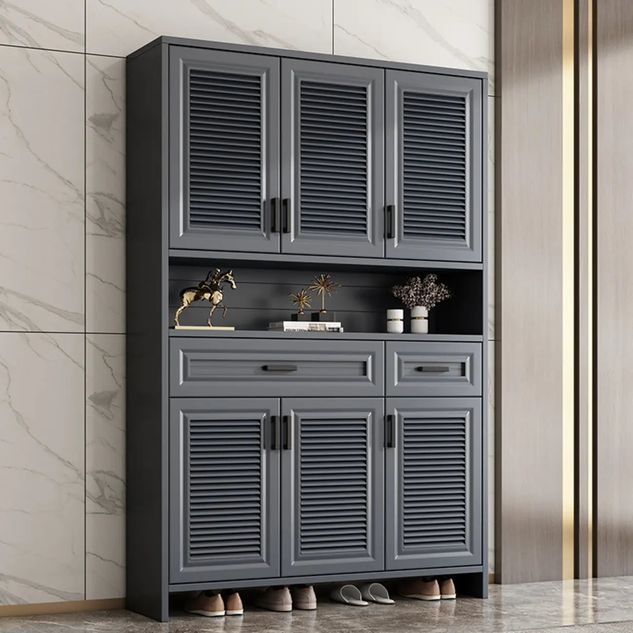 79H Entryway White Metal Shoe Cabinet with Drawers