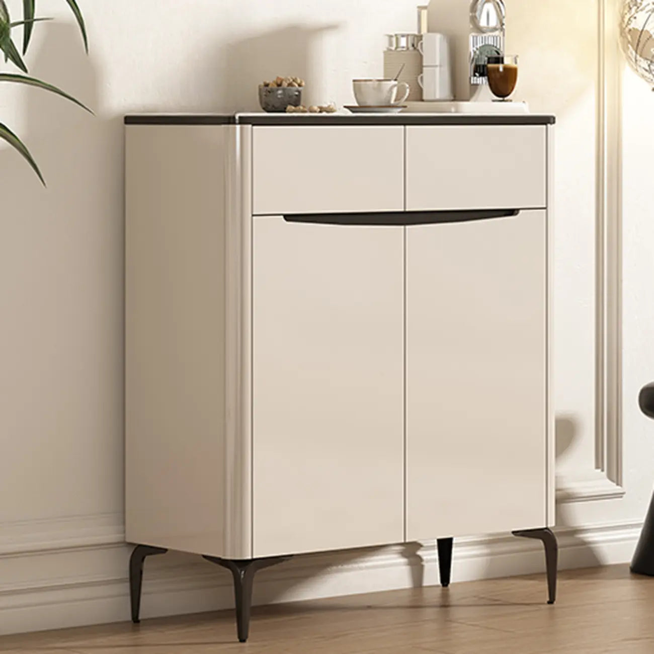 Khaki Wood Entryway Shoe Cabinet Marble Top