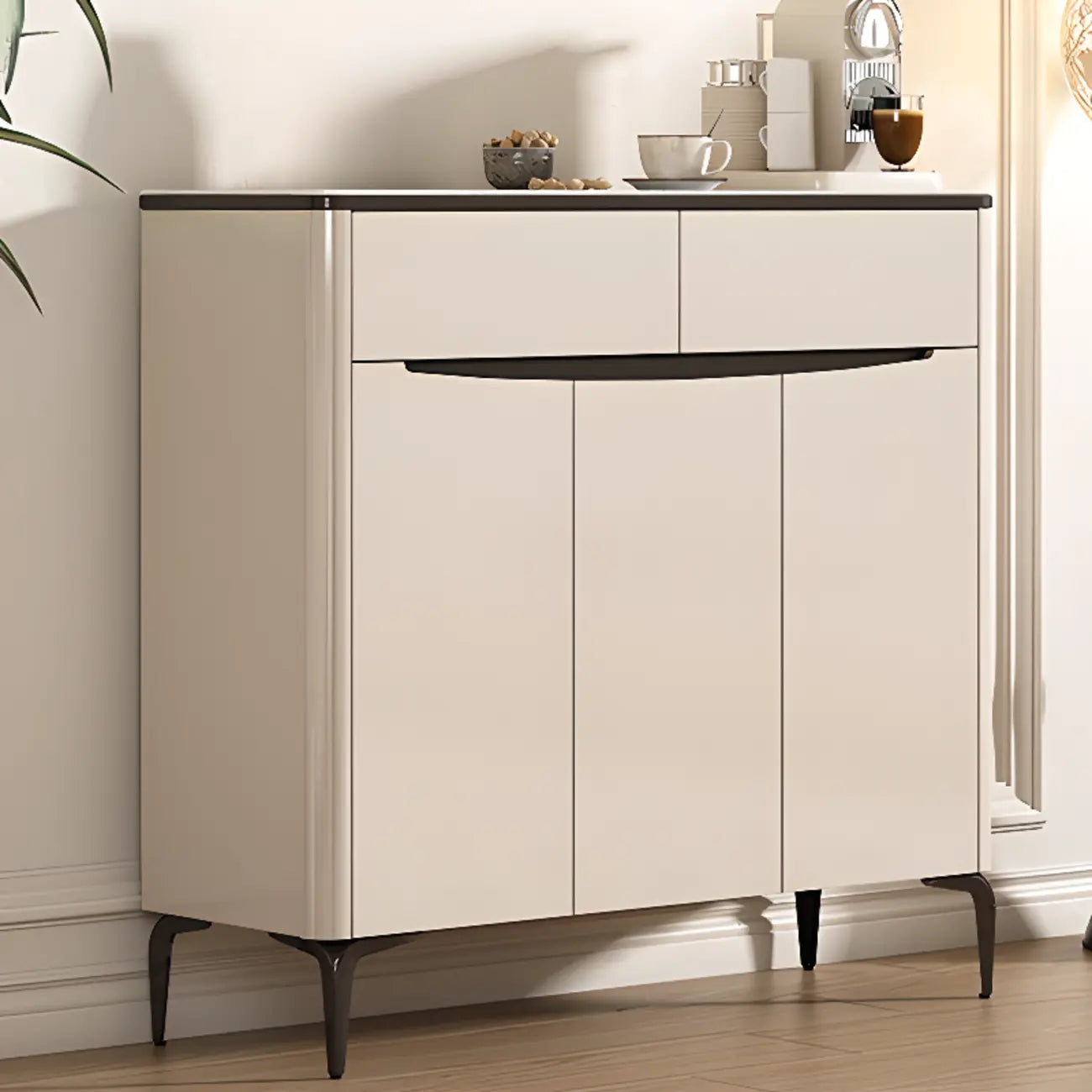 Khaki Wood Entryway Shoe Cabinet Marble Top