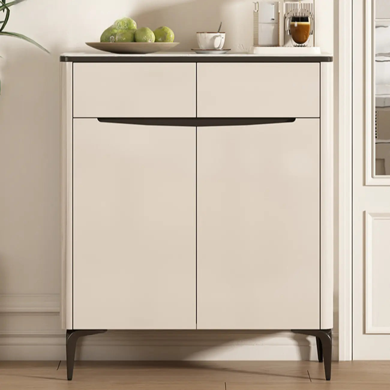 Khaki Wood Entryway Shoe Cabinet Marble Top