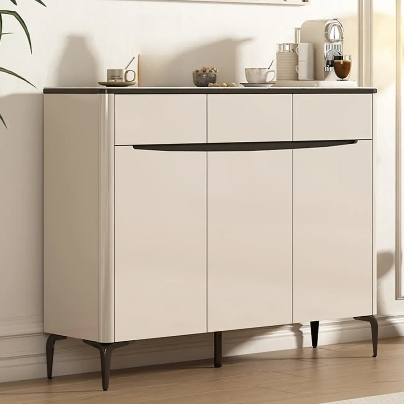 Khaki Wood Entryway Shoe Cabinet Marble Top