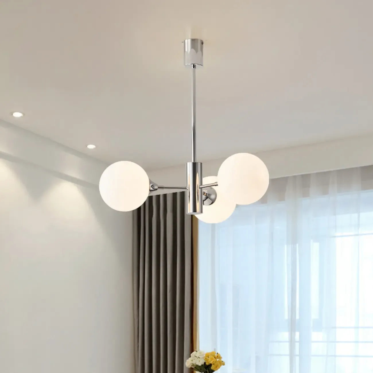 Modern Silver Sputnik Chandelier with White Globe Glass